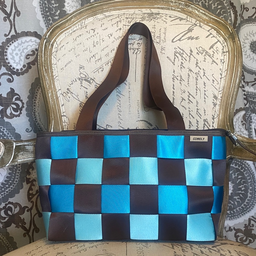 COMELY Blue & Brown Checker Shoulder Bag for Women | Seatbelt Material |